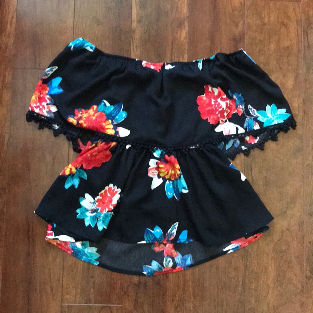 Black floral printed off the shoulder top
